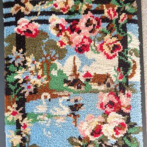 Vintage Handmade Shillcraft Latch Hook Rug Completed Springtime Roses Swans